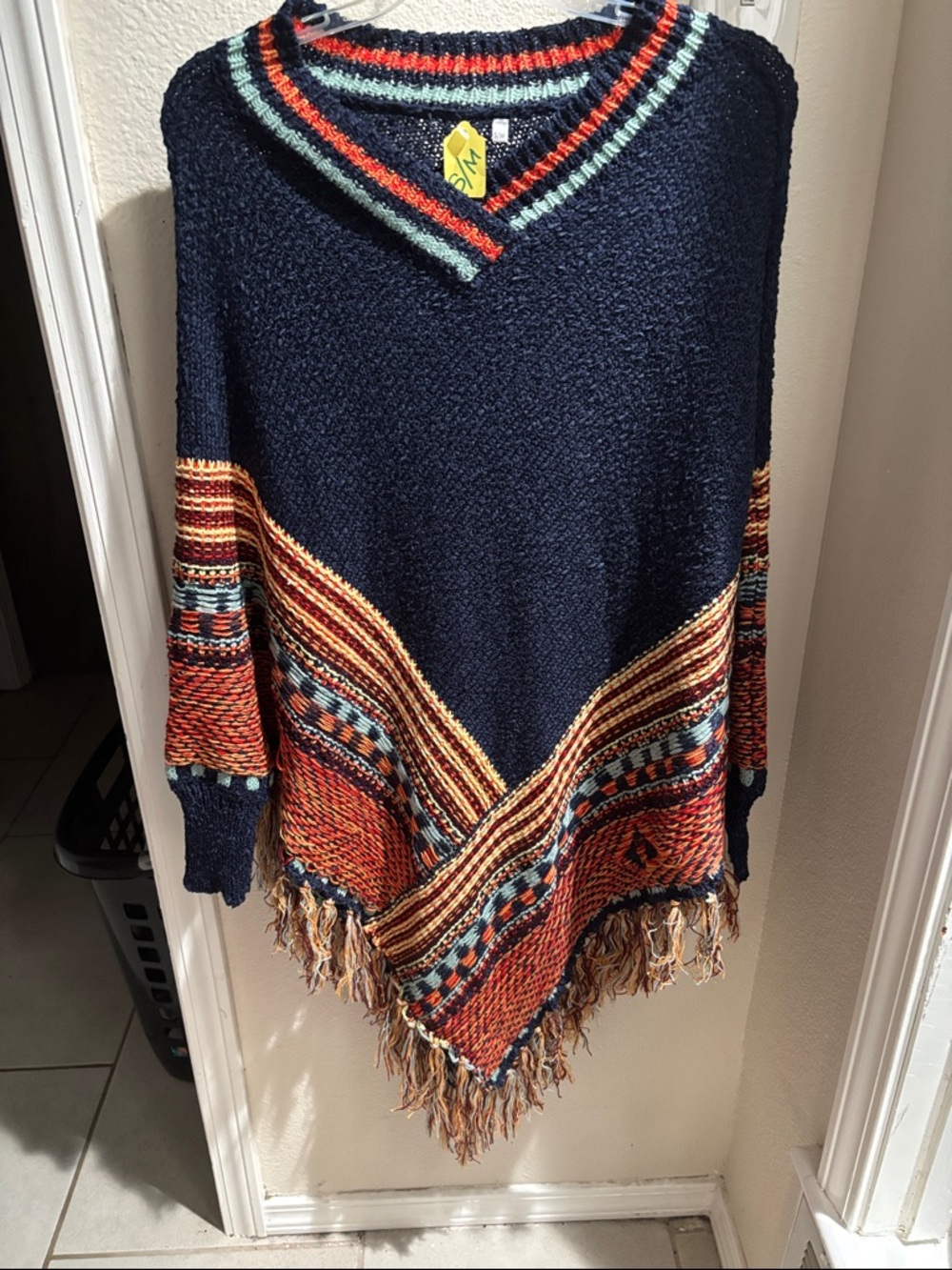 Navy Multicolor Fringe V-Neck Women’s Sweater/Poncho S/M